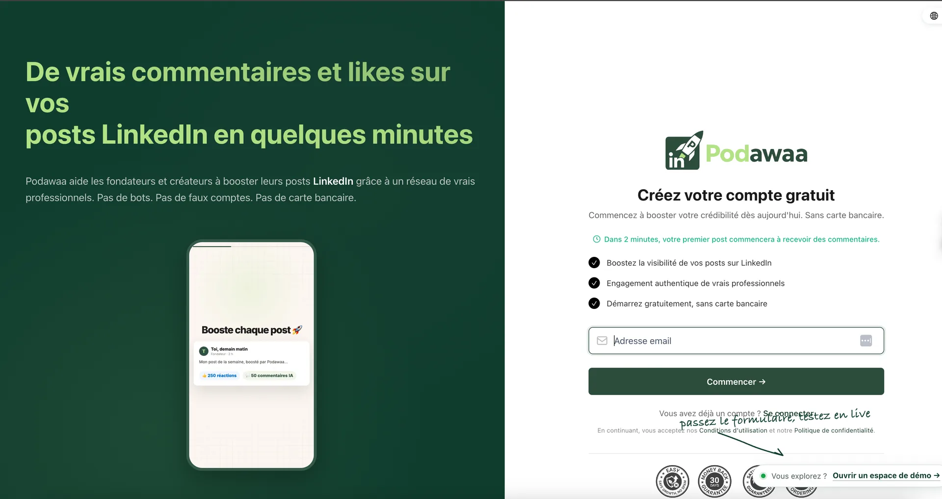 Page d'accueil de Podawaa : de vrais commentaires et likes sur vos posts LinkedIn en quelques minutes.