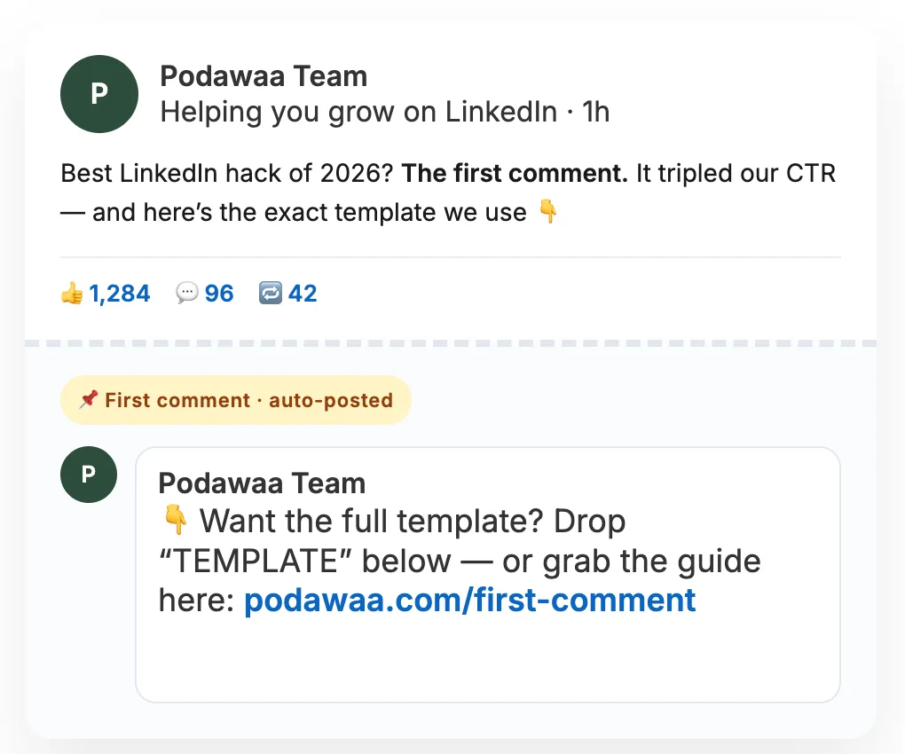 First comment automatically published by Podawaa right after a LinkedIn post.