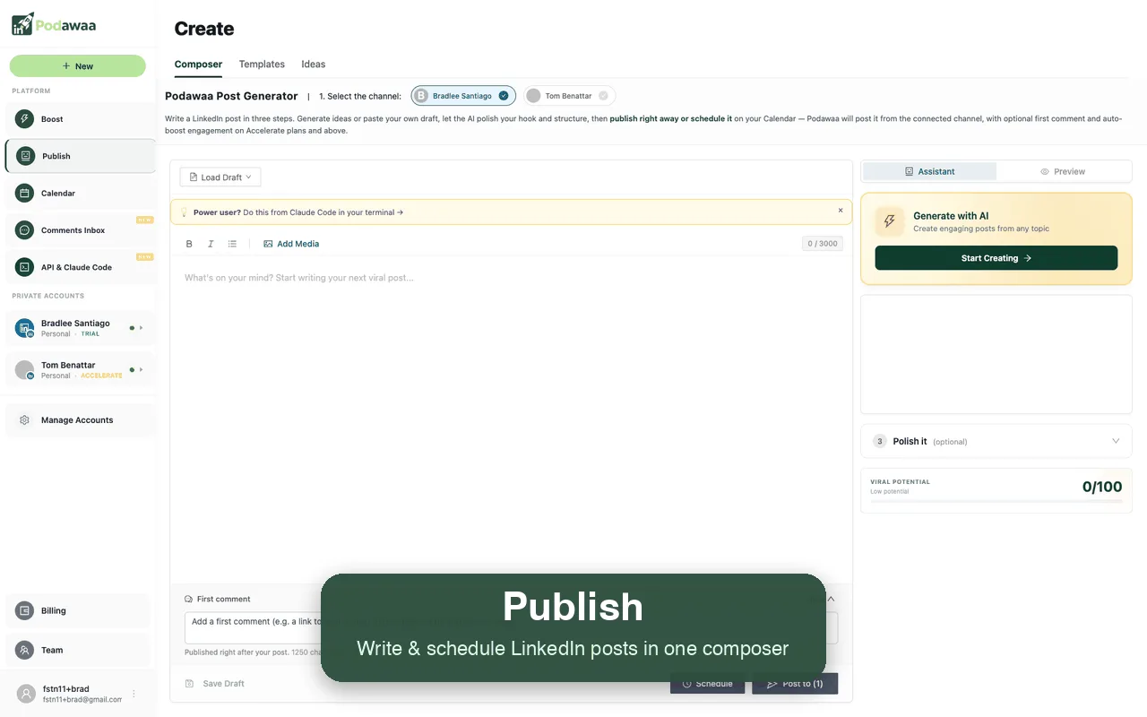 Editor de Podawaa: redactar y programar una publicación de LinkedIn, con la puntuación de potencial viral.