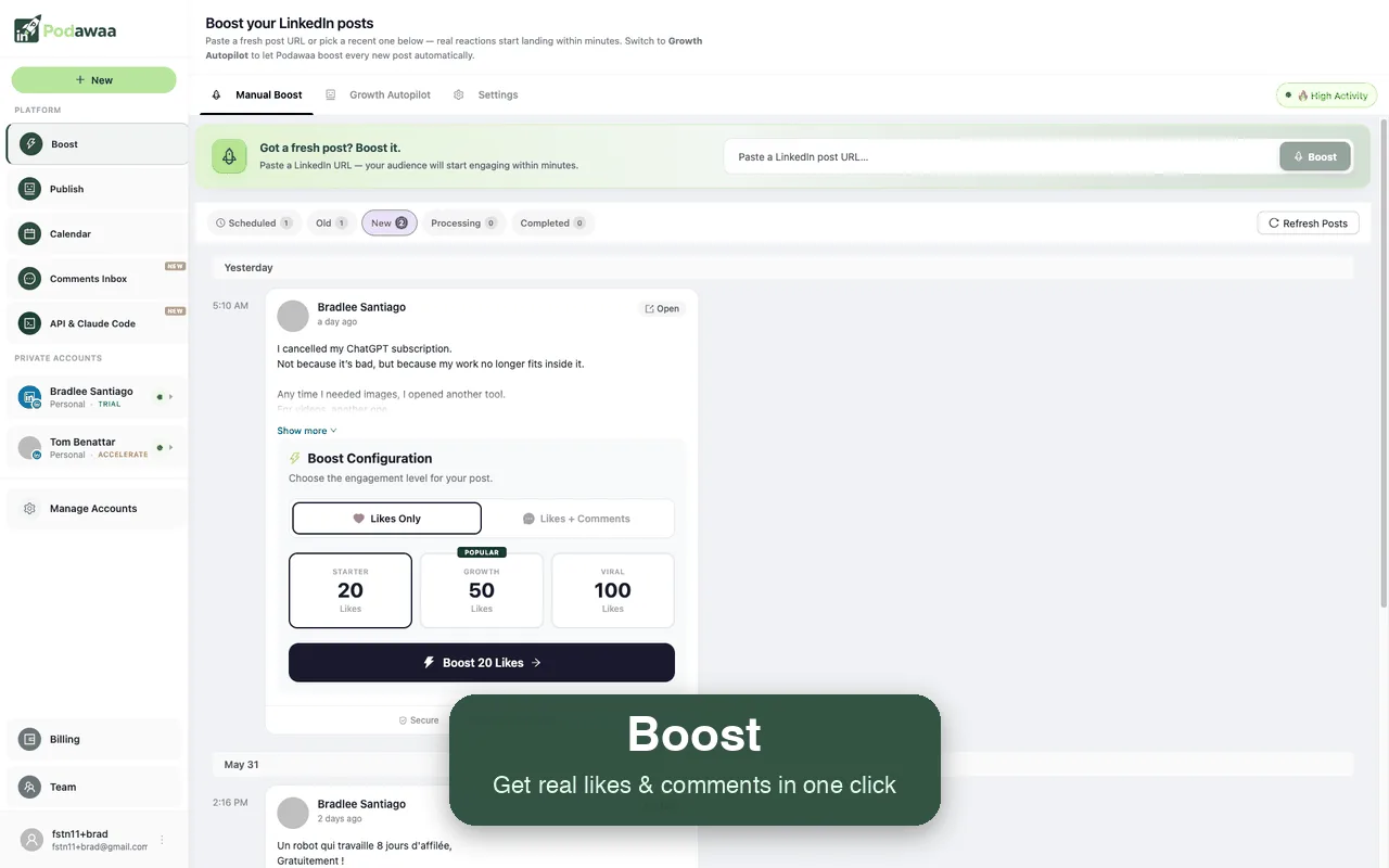 Boost-scherm van Podawaa: de URL van een LinkedIn-bericht plakken en het engagementniveau kiezen.