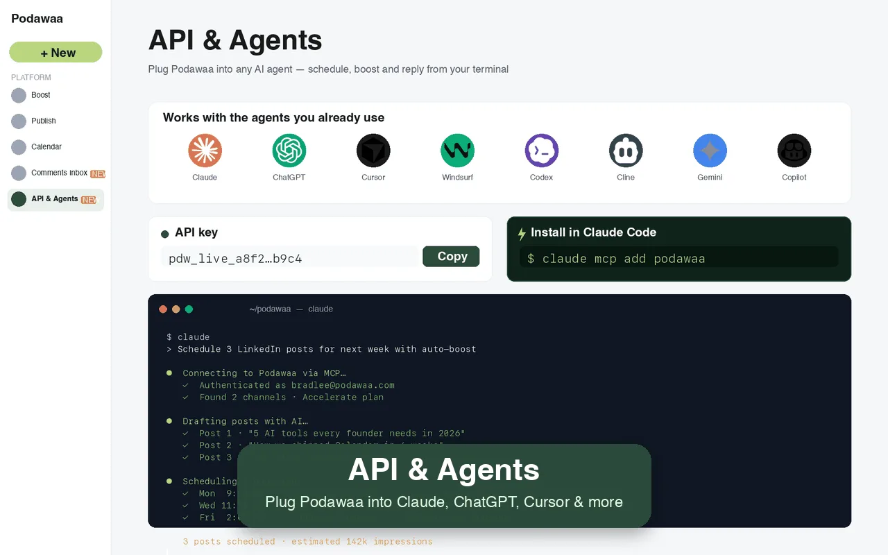 Podawaa API and Claude Code integration: scheduling and boosting posts from the terminal.