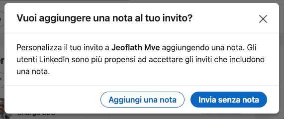 Finestra invito con o senza nota linkedin