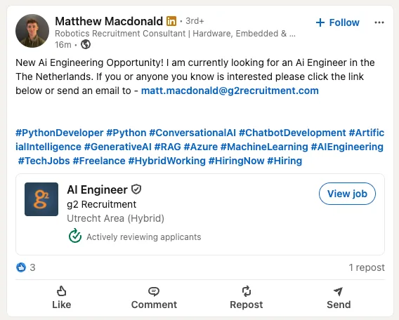 Linkedin post with hashtags