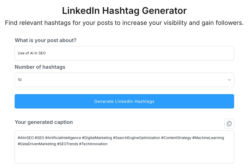Exemple of linkedin hashtag generator