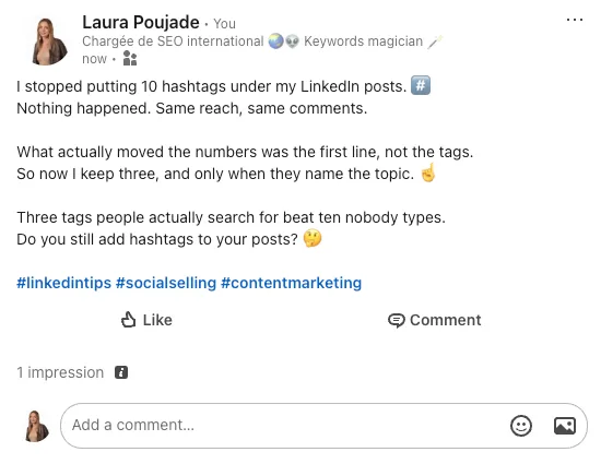 Linkedin post with hashtags