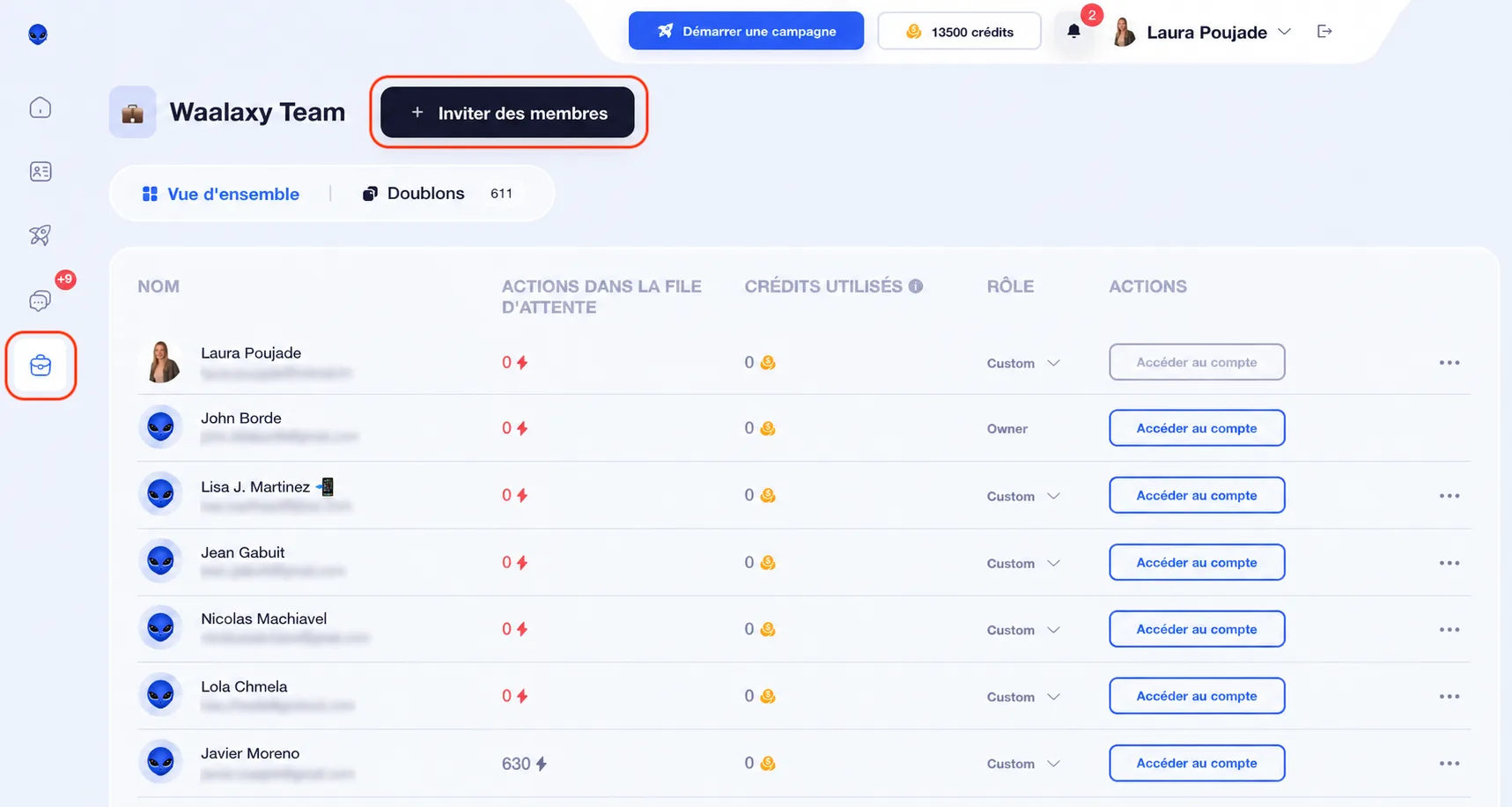 Interface team waalaxy app
