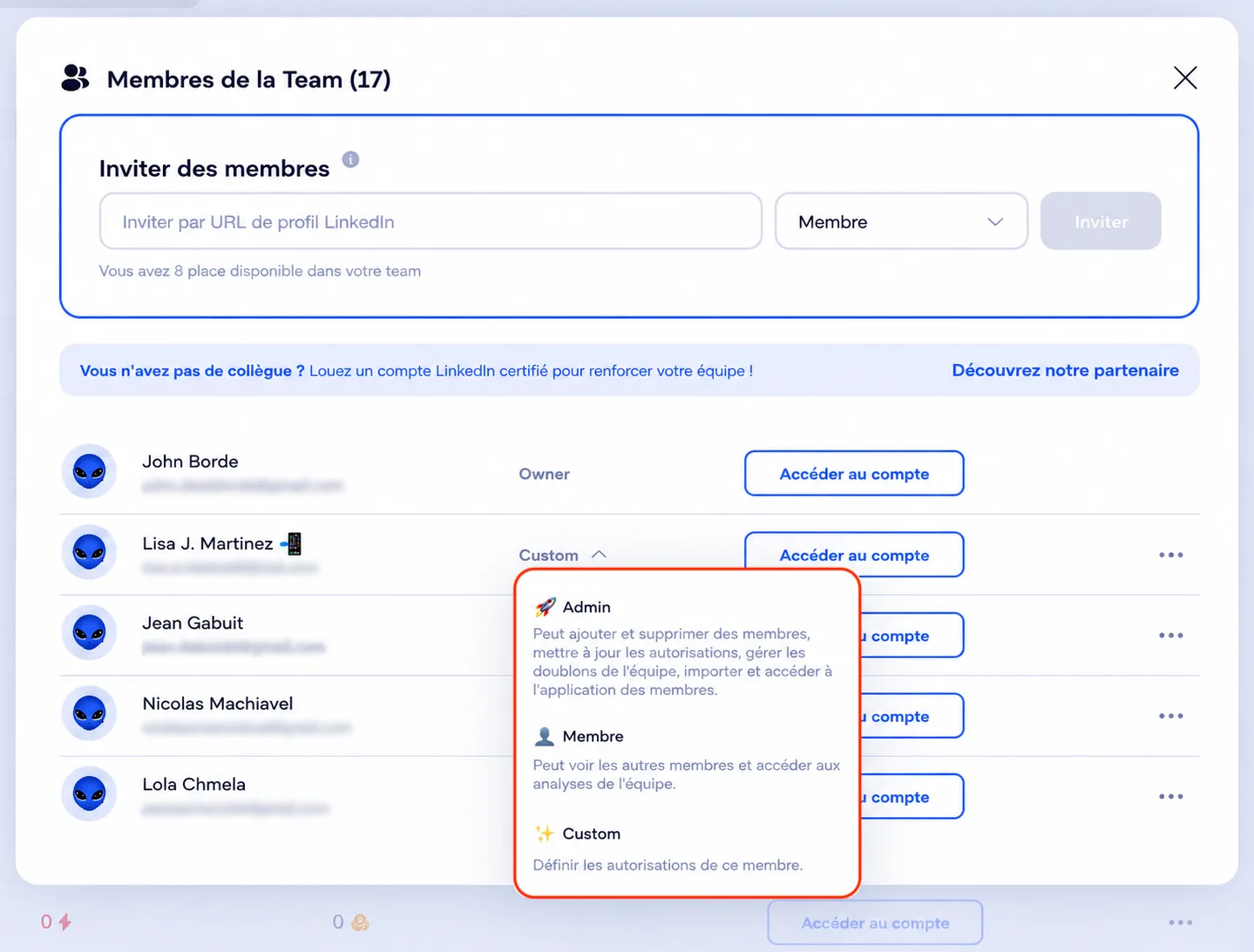 Changer droit membres team waalaxy app
