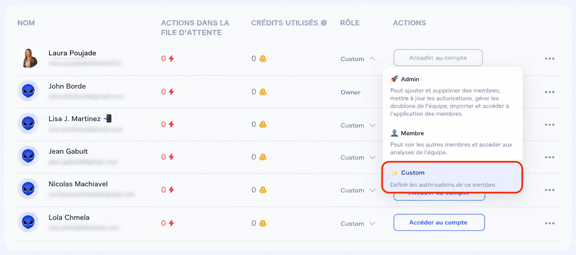 Customiser role membre team waalaxy app