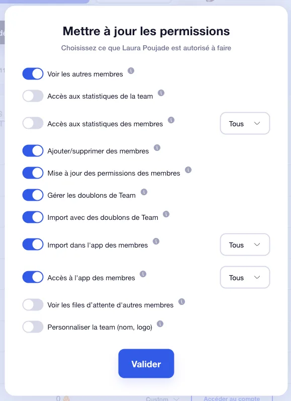 Toggle personnalisation des rôles membre équipe waalaxy app
