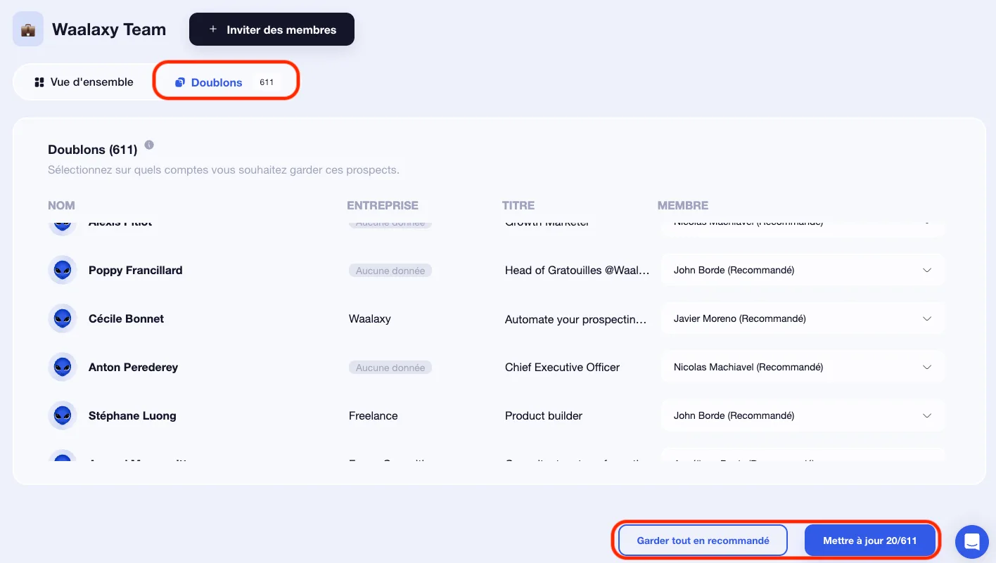 Interface doublons plan team waalaxy app