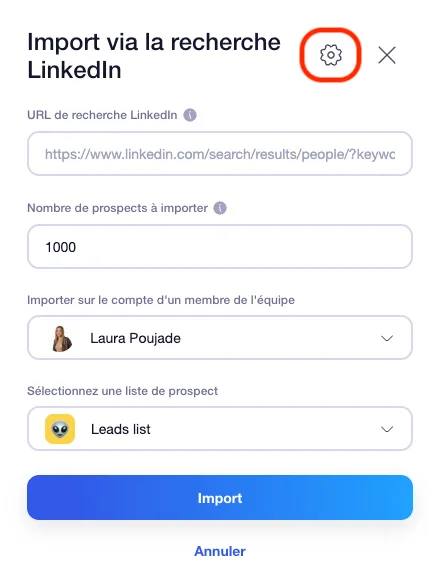 Paramètres imports de leads via recherche linkedin