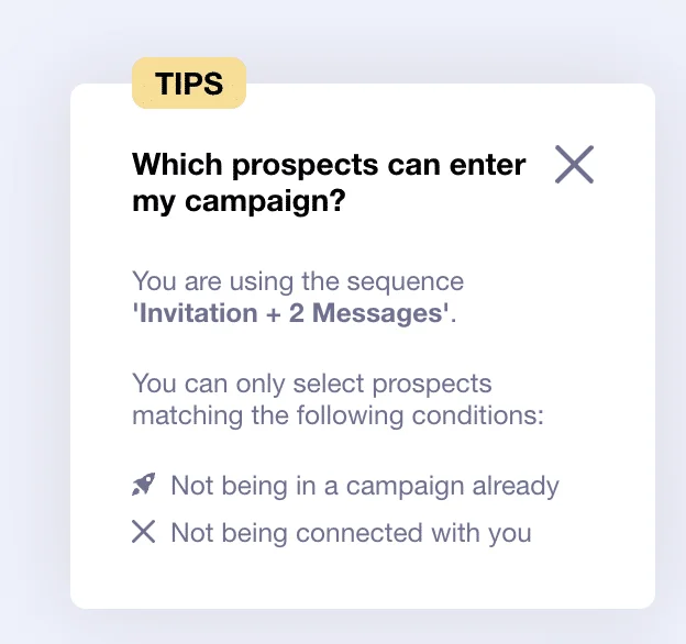 Tipvenster voor de gebruiker bij het aanmaken van een campagne op Waalaxy