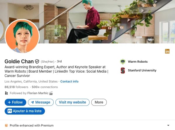 Ejemplo de marca personal sólida en LinkedIn: Goldie Chan (marketing digital y redes sociales).