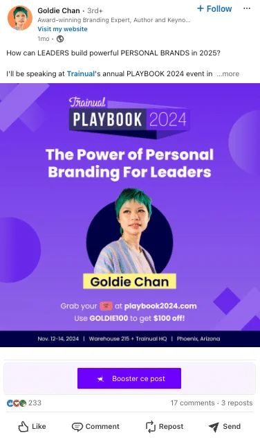 Ejemplo de marca personal sólida en LinkedIn: post de Goldie Chan (marketing digital y redes sociales).
