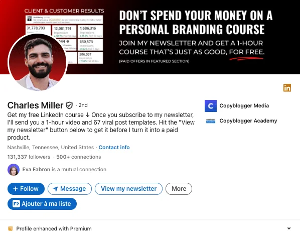 Ejemplo de marca personal sólida en LinkedIn: Charles Miller (marca personal y redacción publicitaria).
