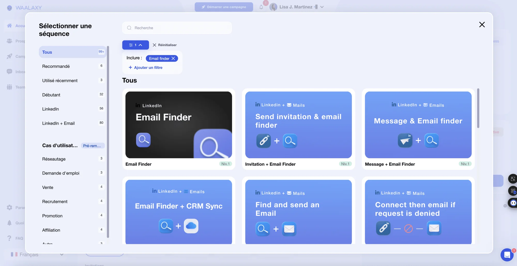 Auswahl einer Sequenz von Multichannel-Aktionen mit Email Finder.