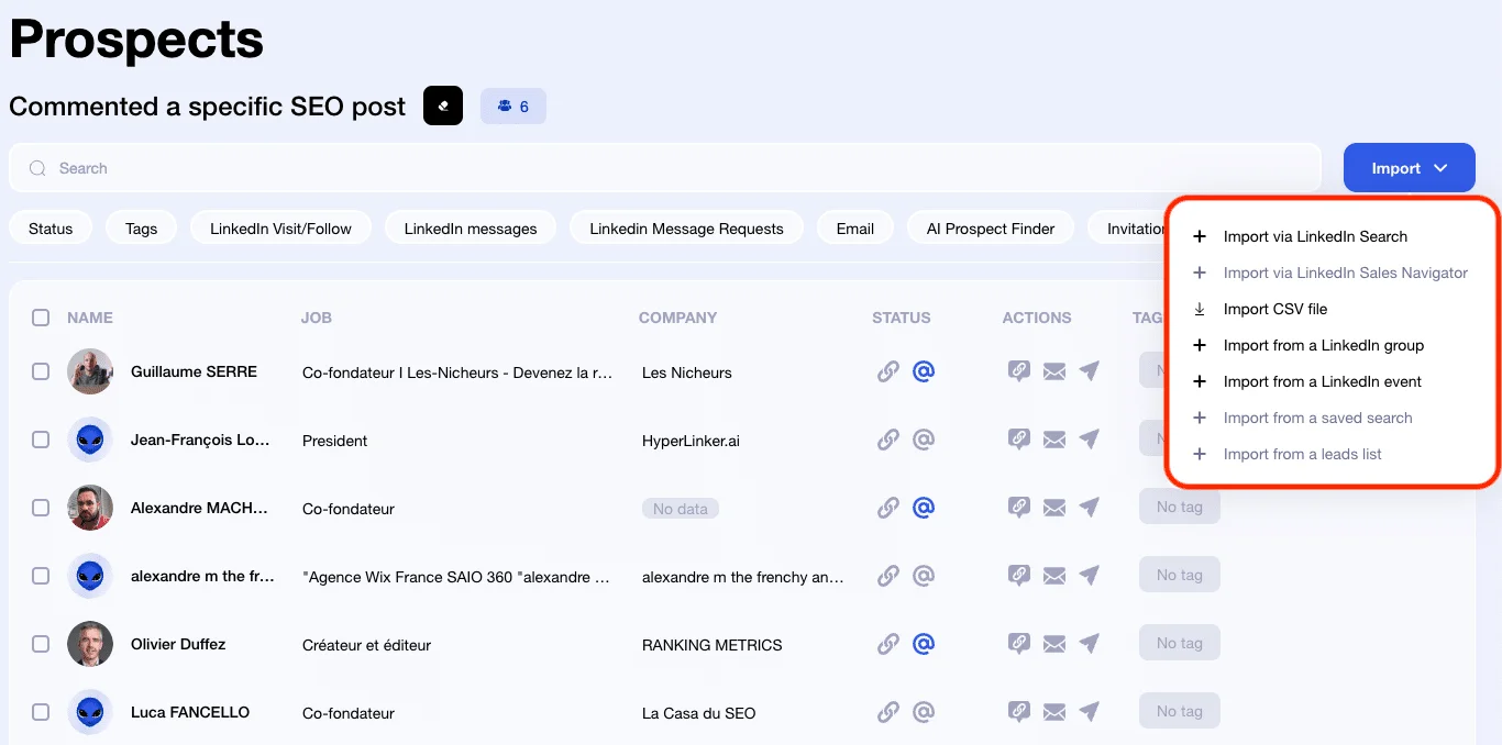 Interfaz para la gestión de clientes potenciales y varias formas de importarlos a Waalaxy