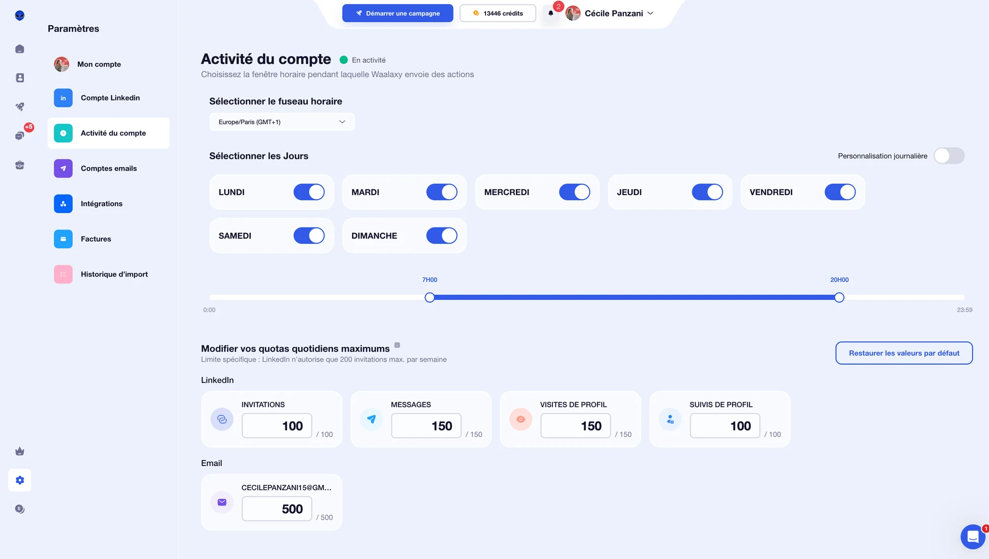 Activité du compte Waalaxy