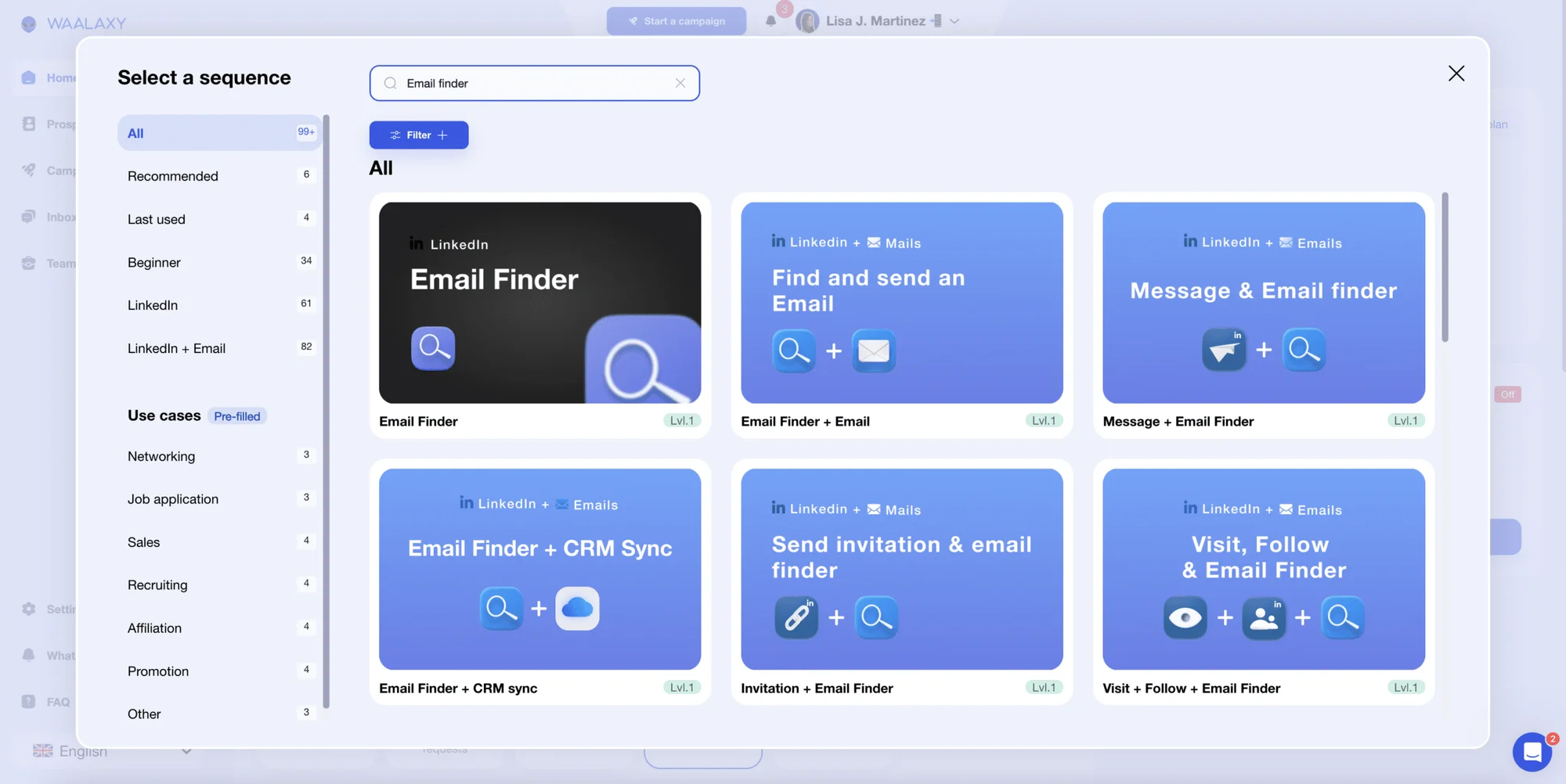 Selezione della campagna con l'opzione Email Finder e invio automatico di e-mail di prospezione.