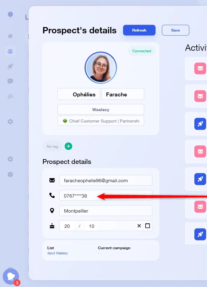 Profil prospect Waalaxy détails contact