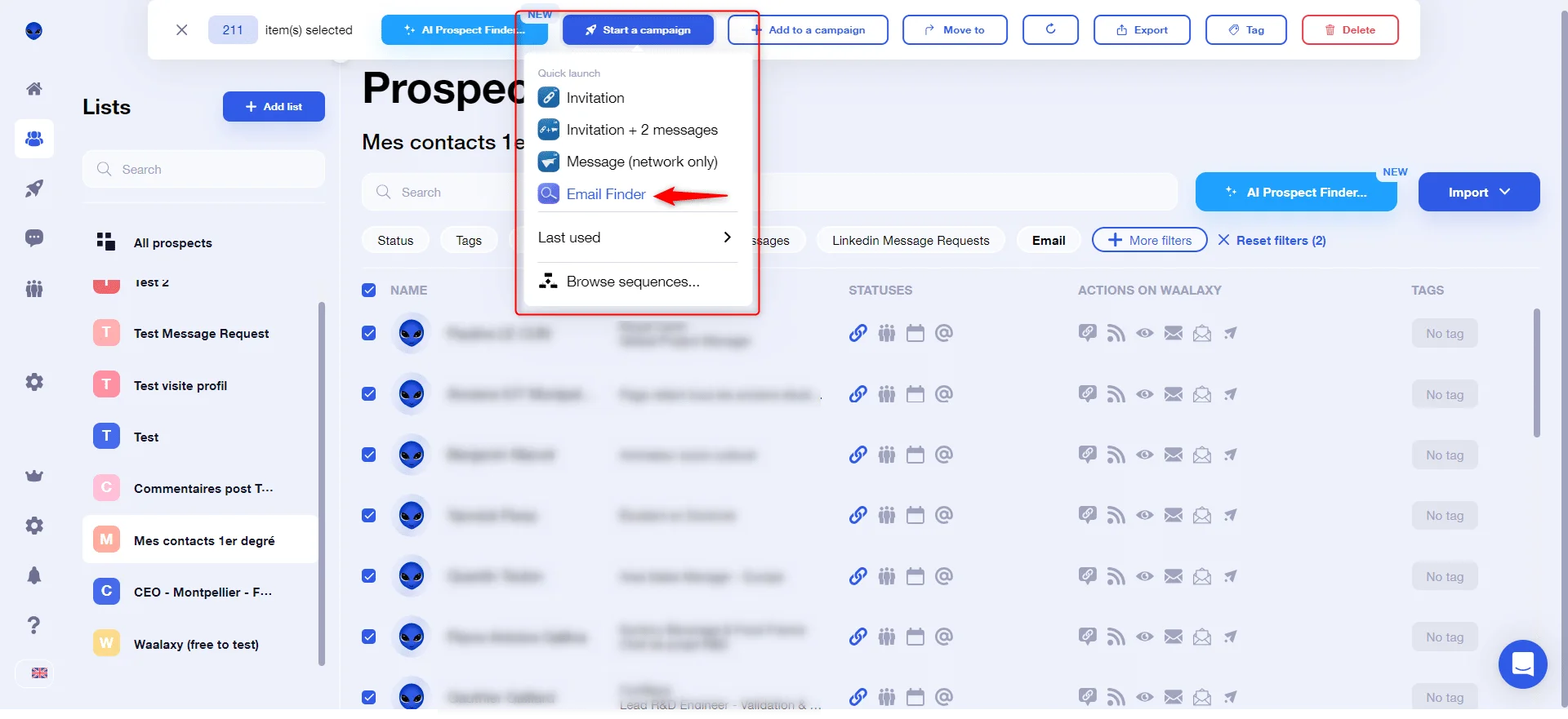 Add prospects to an Email Finder campaign