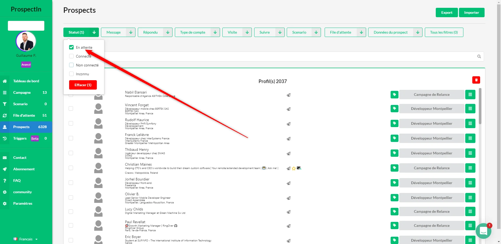 Interface prospection prospects Waalaxy