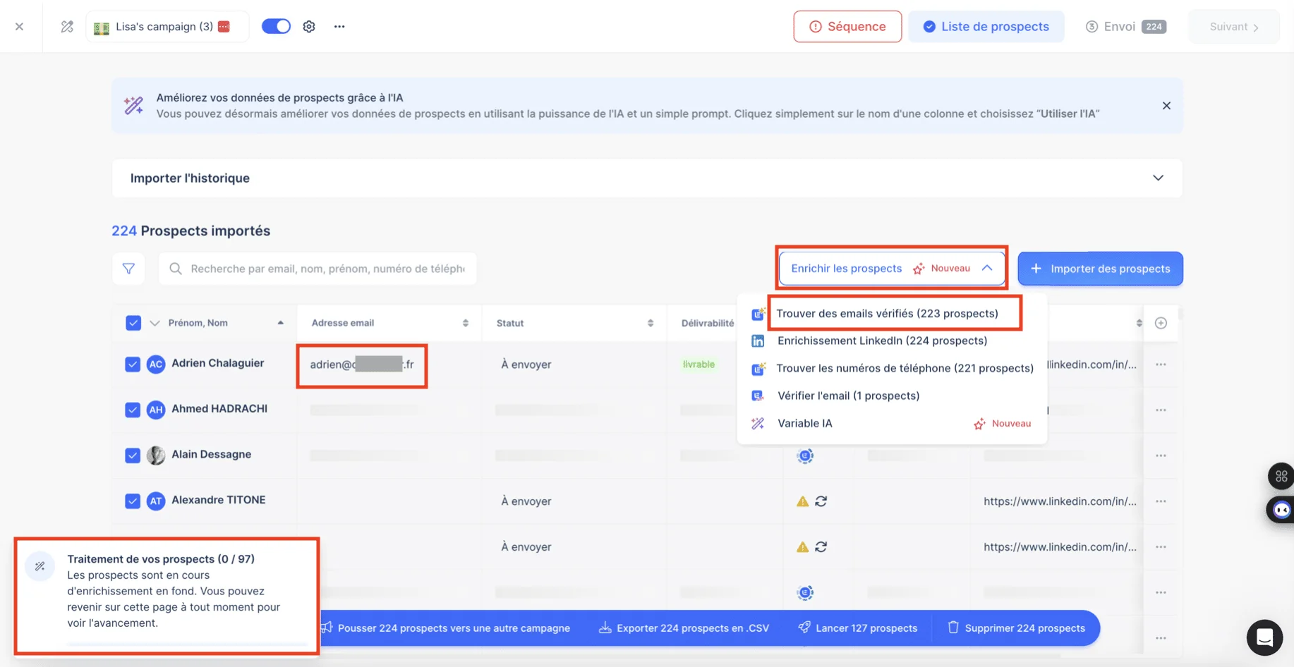 Email Finder Snov.io, arricchimento in corso.