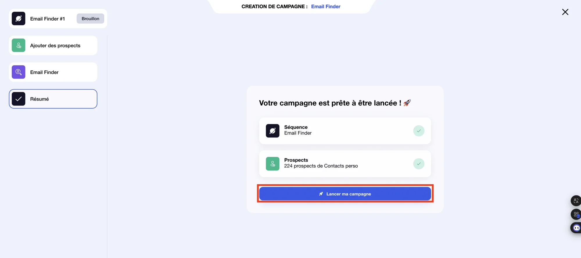 Email Finder: riepilogo della campagna.