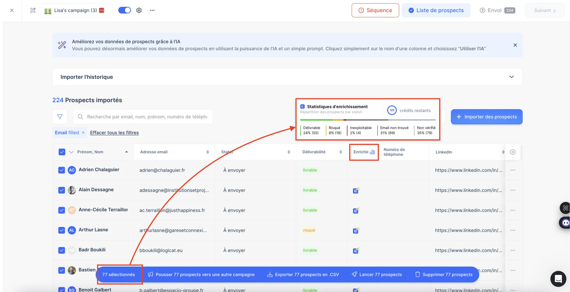 Resultados de Email Finder en Lemlist.