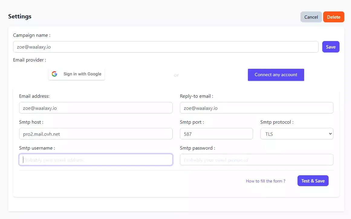 enter the SMTP parameters