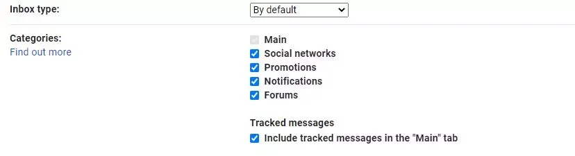 Paramètres catégories inbox Gmail