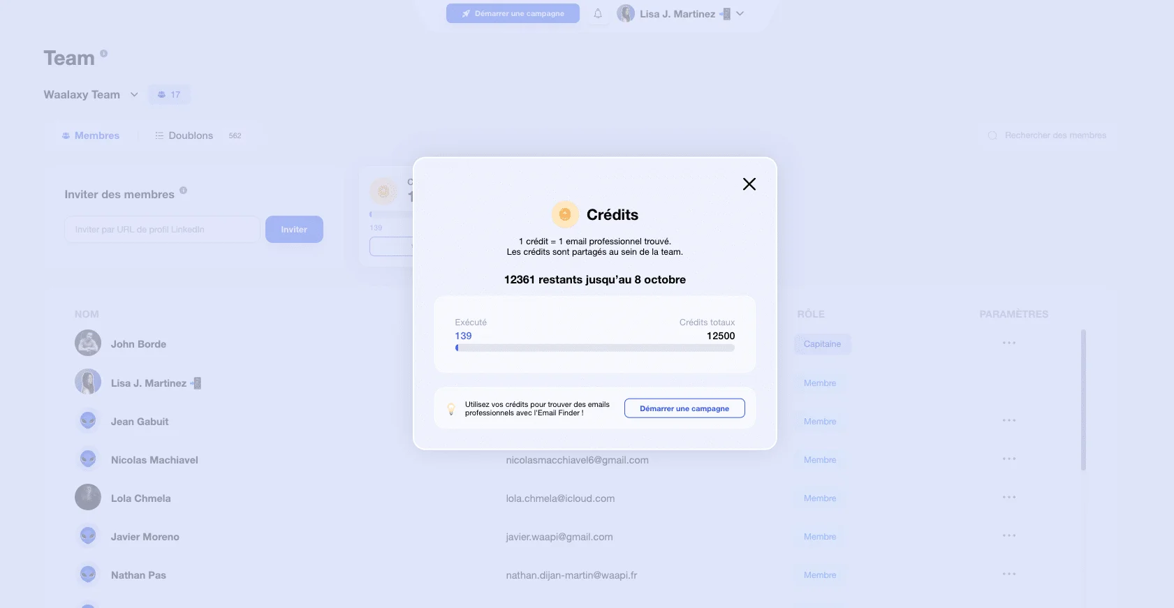 Email Finder Waalaxy: Credit counter.