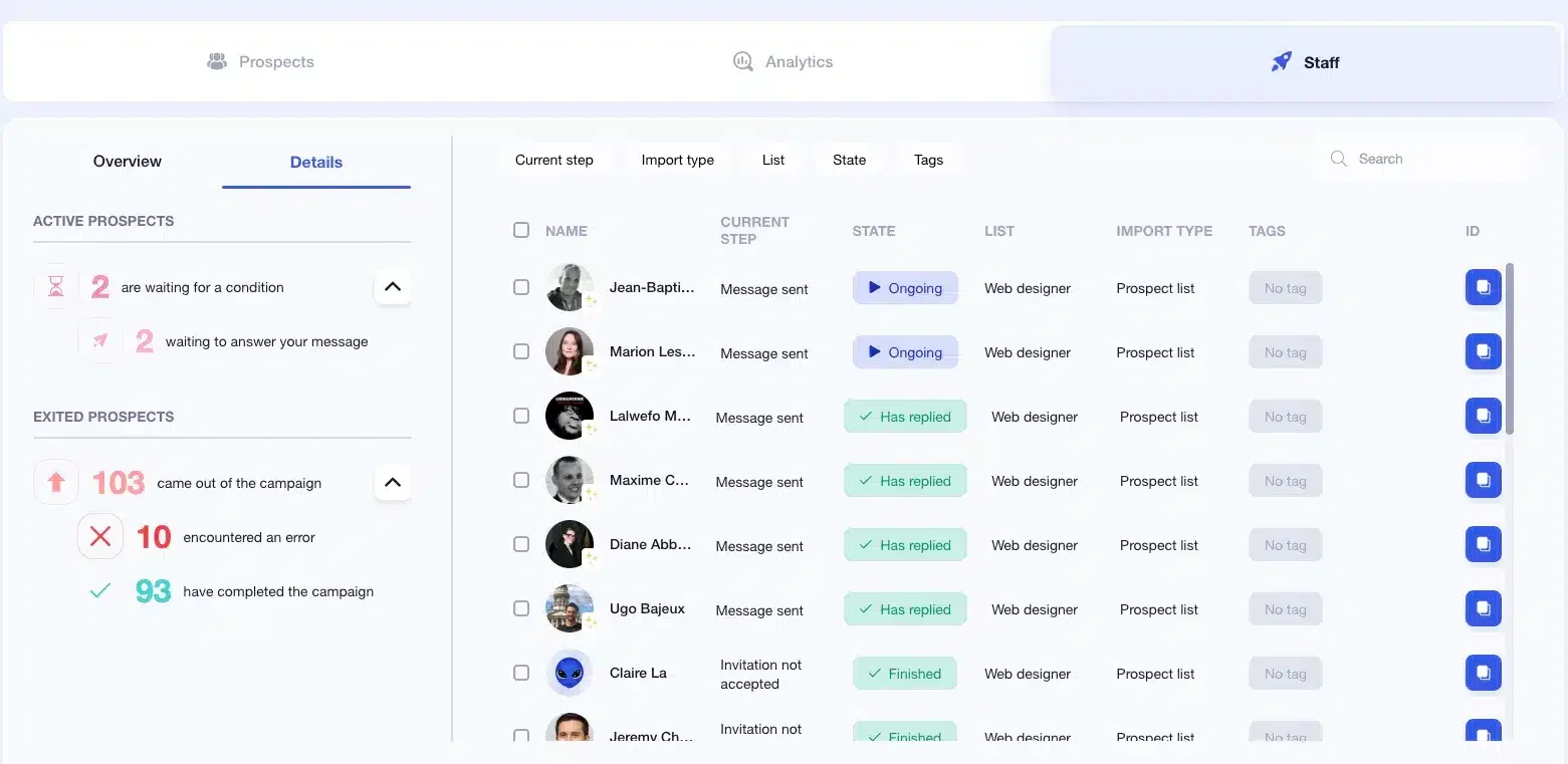 Prospects list filters on Waalaxy