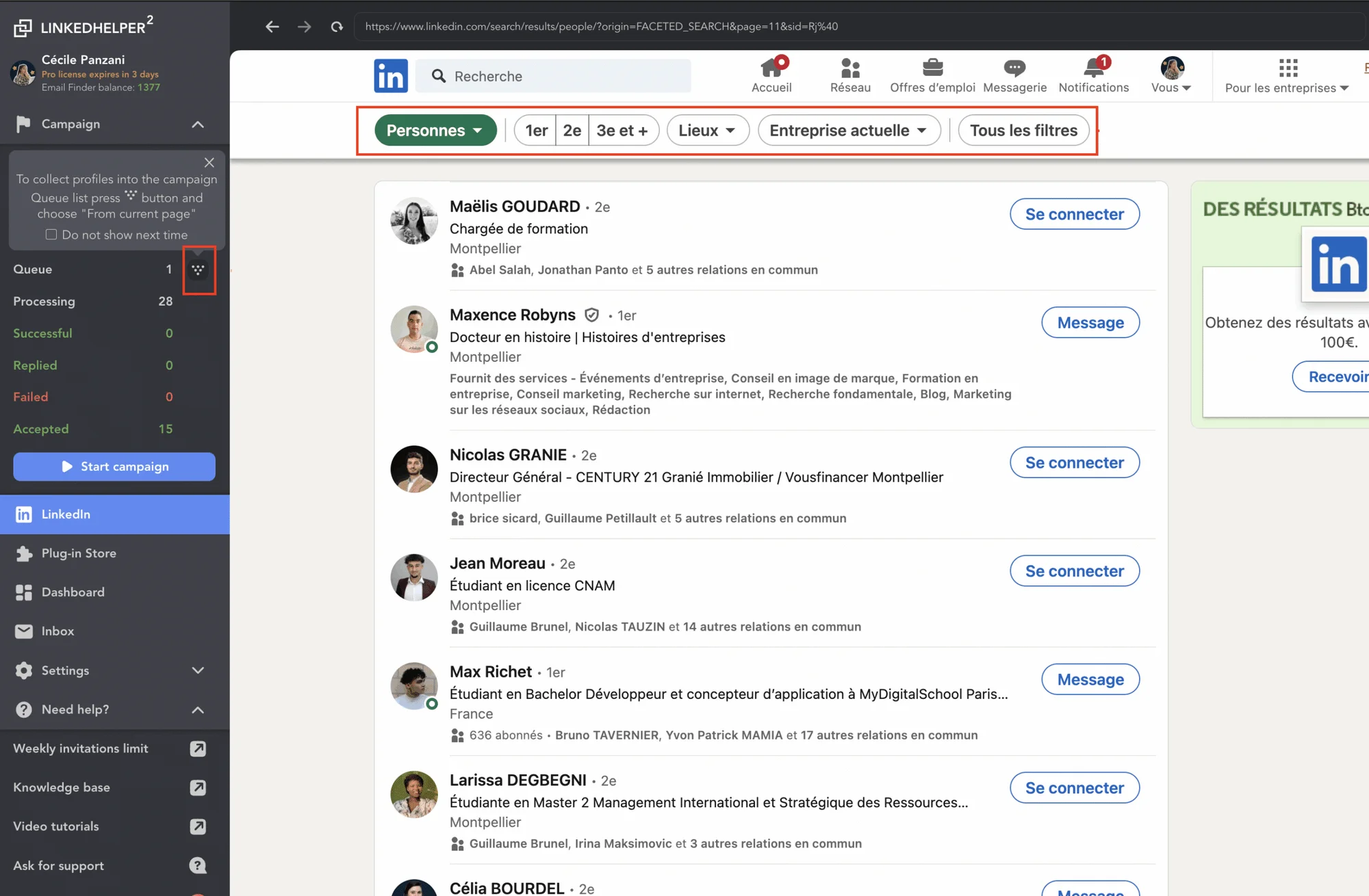 extract them from LinkedIn's search page to LinkedHelper