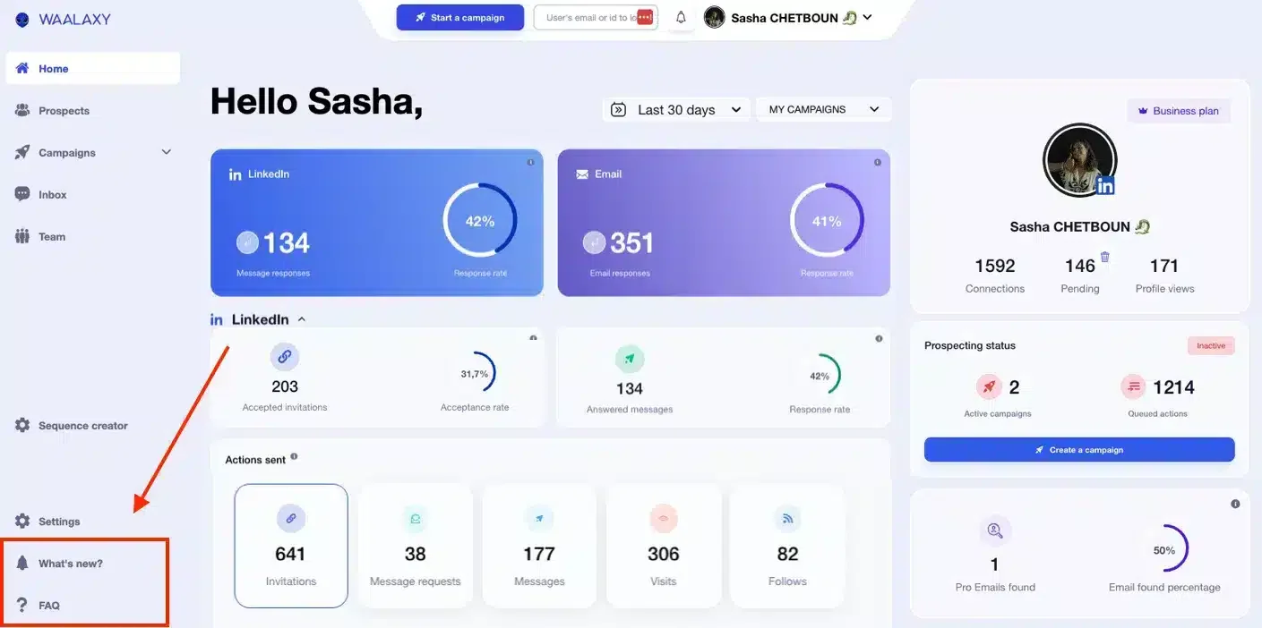 Dashboard prospection LinkedIn email Waalaxy