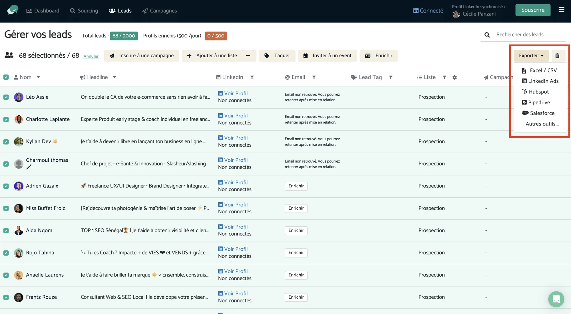 Interface gestion leads Waalaxy LinkedIn