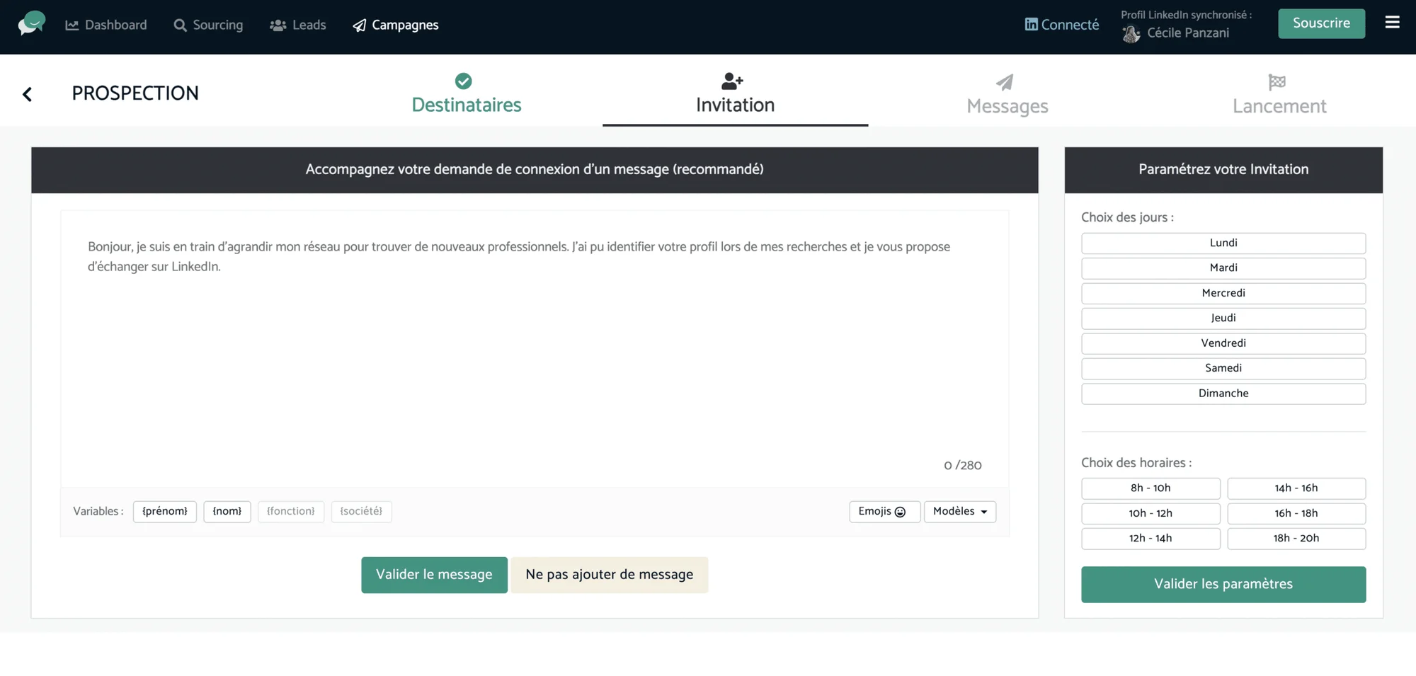 Interface prospection LinkedIn Waalaxy invitation