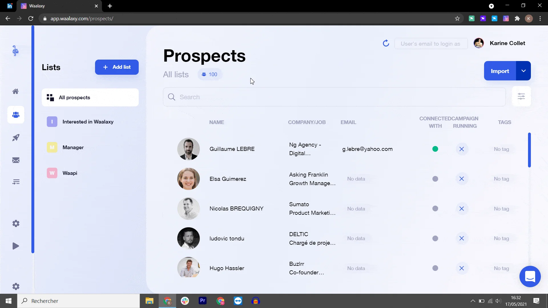 Interface de prospection des contacts Waalaxy