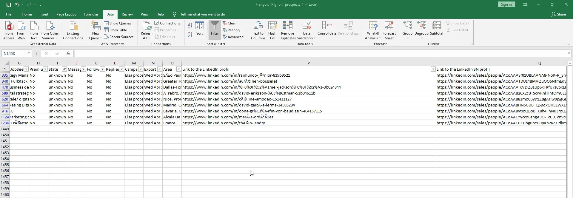 Excel base données prospects LinkedIn