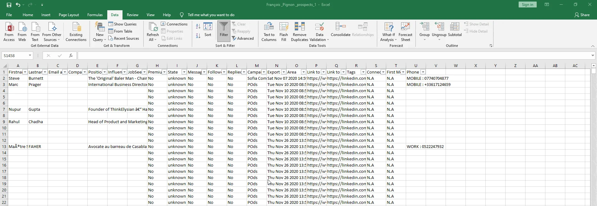 Excel données prospection LinkedIn Waalaxy