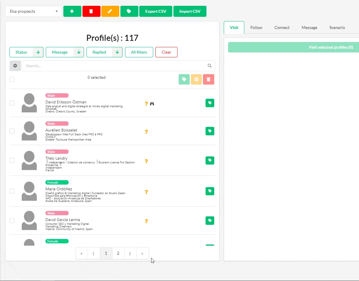 Interface prospection profils Waalaxy