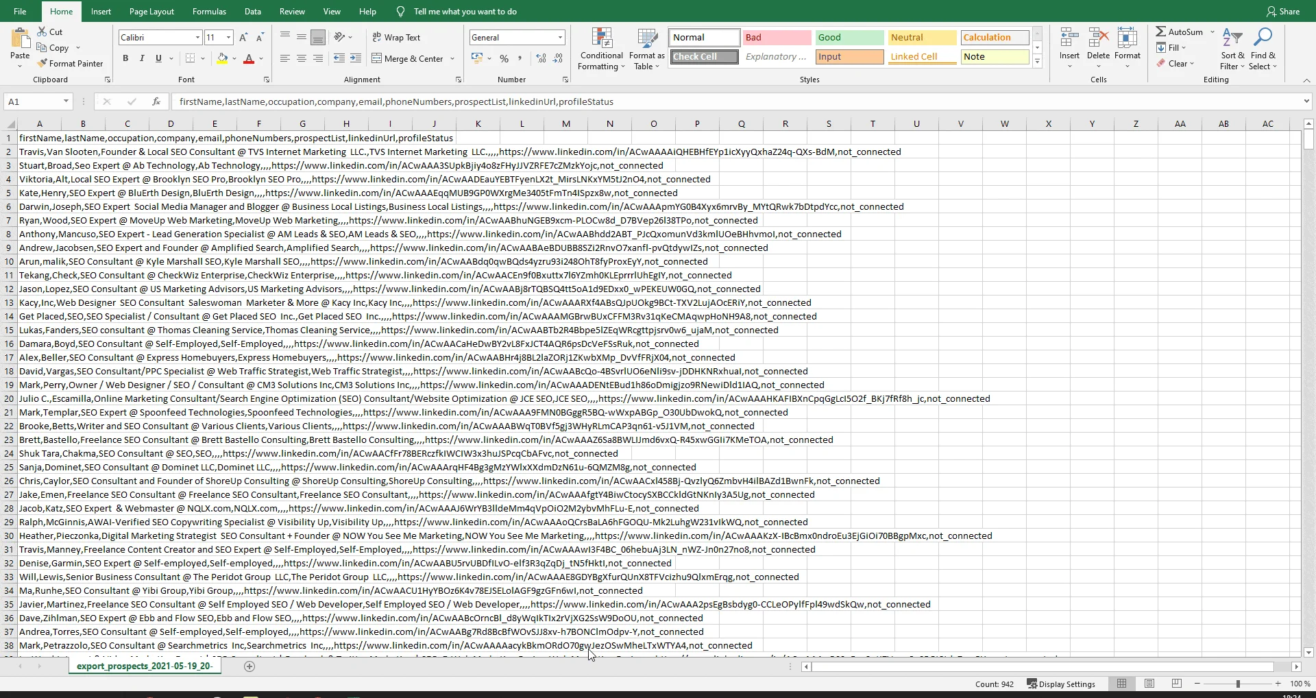 Spreadsheet LinkedIn prospects export Waalaxy