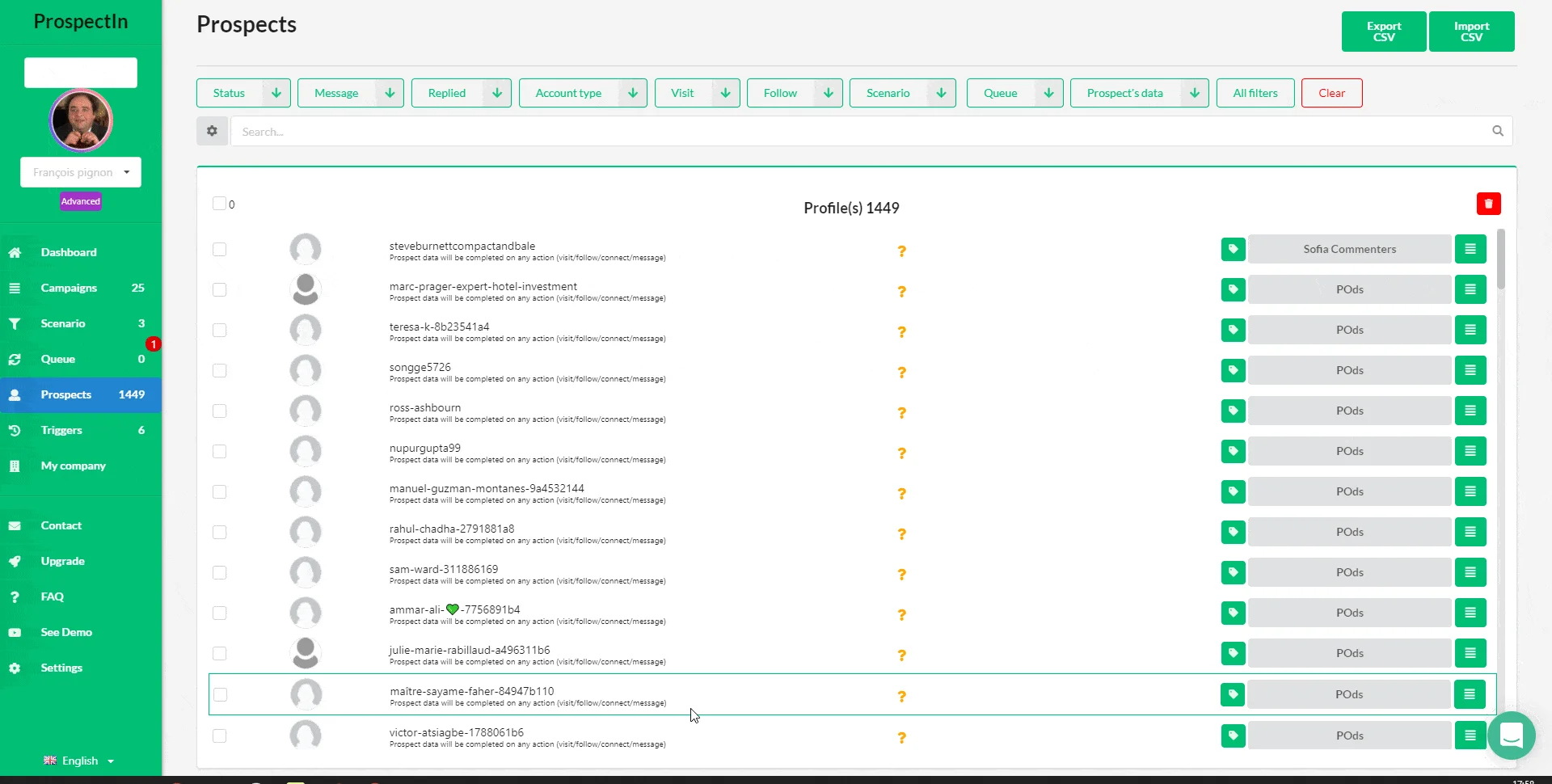 Interface prospects Waalaxy prospection LinkedIn