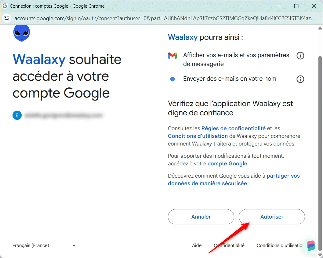 Authentification compte Google consentement Waalaxy