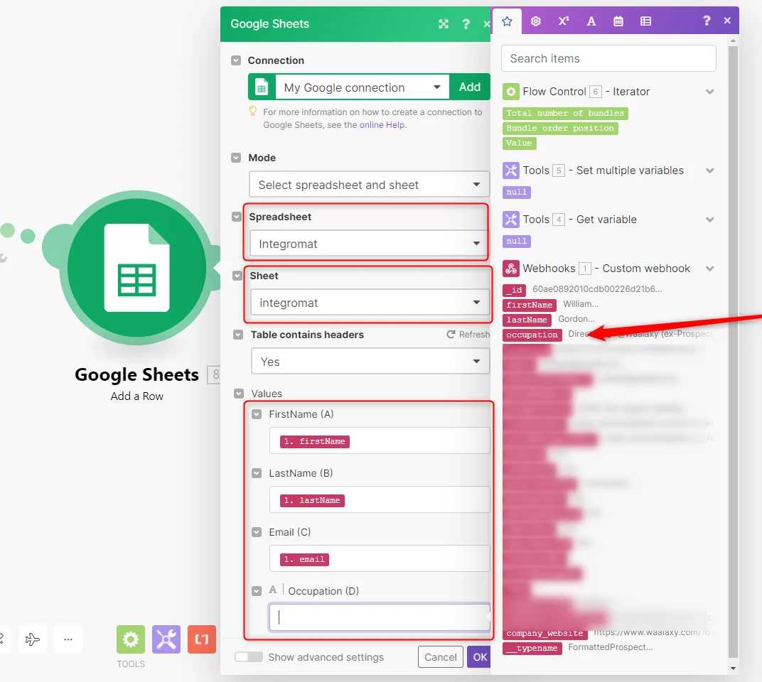 Google Sheets Integromat configuration connexion