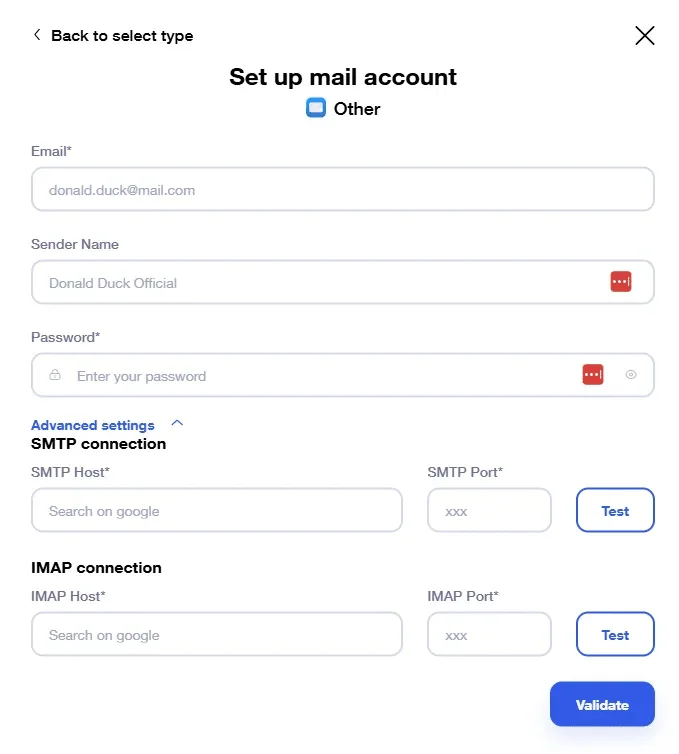 Page de configuration d'un compte de messagerie avec champs pour l'email, nom de l'expéditeur, mot de passe, et serveurs SMTP/IMAP.