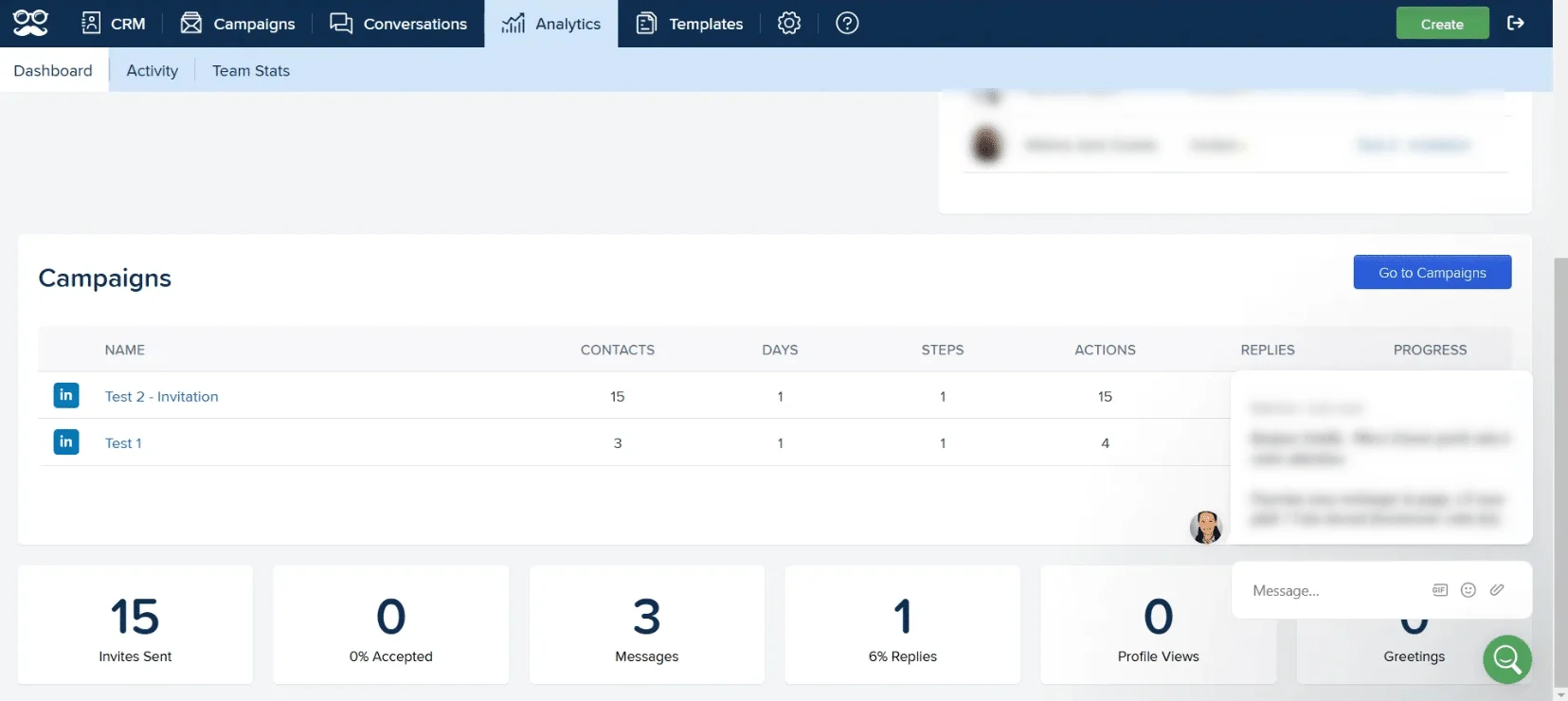 Tableau campagnes Waalaxy dashboard prospection