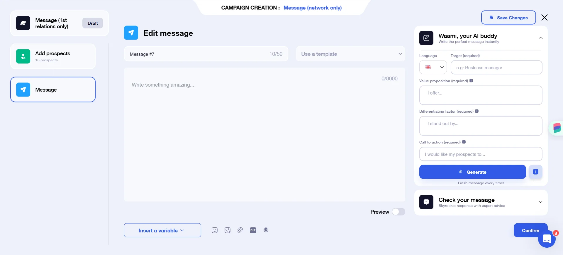 Message campaign creation interface Waalaxy