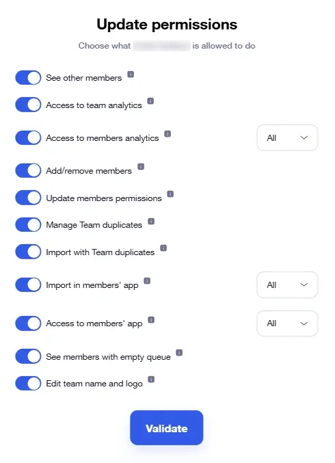 Interface permissions équipe Waalaxy
