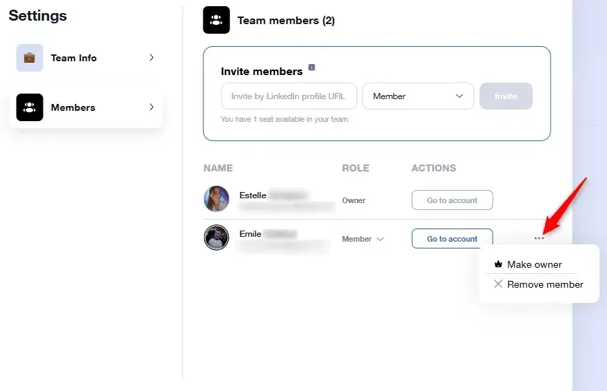 Team members settings Waalaxy